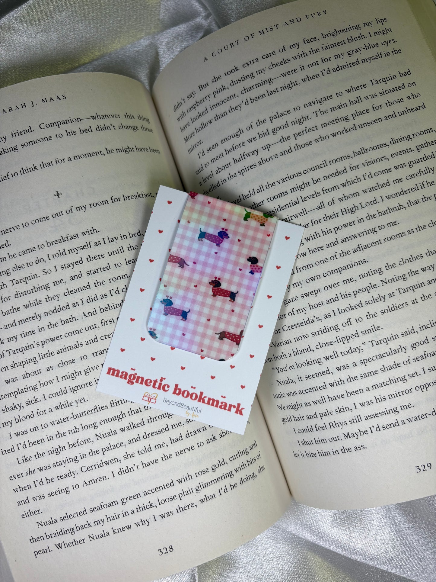 Magnetic bookmark with doggie valentine's design on an open book