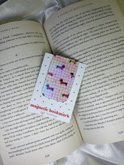Magnetic bookmark with doggie valentine's design on an open book