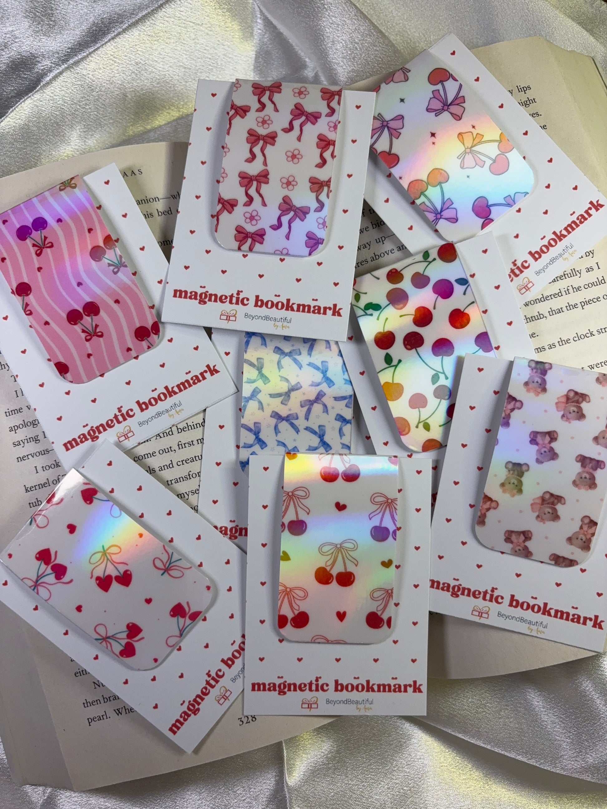 Colorful magnetic bookmarks with various designs with a holographic laminate surface