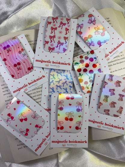 Colorful magnetic bookmarks with various designs with a holographic laminate surface
